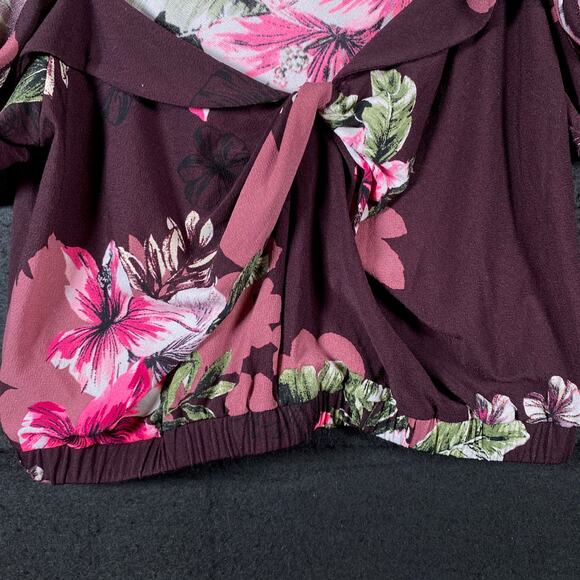 Express Womens Blouse Purple Multi Floral V Neck Cold Shoulder Crop Top Small - Picture 3 of 10